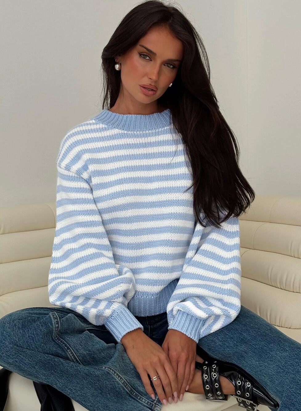 PRINCESS POLLY Harmony Balloon Sleeve Knit Sweater Blue White Stripe Size XS/S